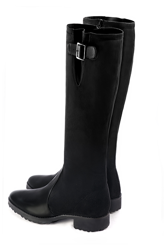 Satin black women's knee-high boots with buckles. Round toe. Flat rubber soles. Made to measure. Rear view - Florence KOOIJMAN